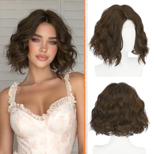 Brown Bob Wig with Lace Front - 11" Wavy Synthetic Hair