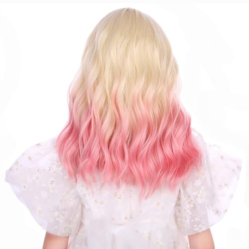 Edivd Blonde Ombre Pink Kids Wigs Short Curly Synthetic Wig with Air Bangs & Adjustable Cap