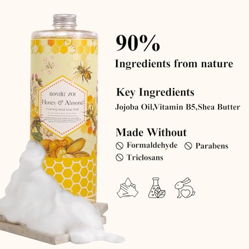 ROMIIE ZOI Foaming Hand Soap Refill- Natural Honey & Almond Fragrance Gentle & Moisturizing Formula Hand Soap Refills with Dispenser for Home & Kitchen, 1 L/ 33.8 FL OZ pack of 3
