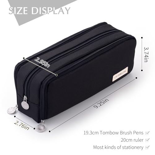 CICIMELON Large Capacity Pencil Case 3 Compartment Pouch Pen Bag for School Teen Girl Boy Men Women (Black)