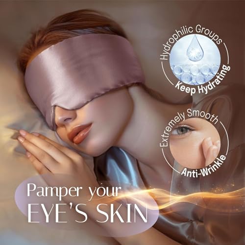 100% Natural Silk Eye Mask for Women Men, Soft Pressureless Cooling Blackout Eye Covers for Sleeping, Large Size Sleep Mask fits All Heads Adjustable, Lotus Pink