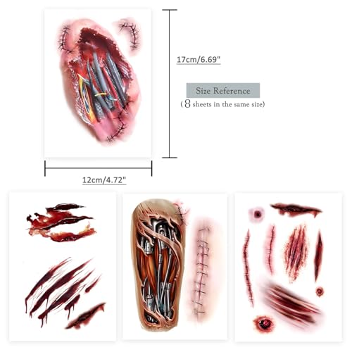 8 sheets£¬Scar Tattoo Stickers for Halloween, Realistic Wound fake tattoos makeup Disguise scars£¬Temporary tattoos for adult men and women£¬fake tattoos Scar£¬Roarhowl
