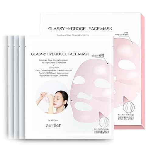Glassy Hydrogel Face Mask for Glow and Dewy Skin, Deep Hydration, Vegan Collagen, Makeup Prep, Pore Tightening, Firming, Moisturizing, Elasticity, Overnight Korean Skin Care 1.19oz x 4ea