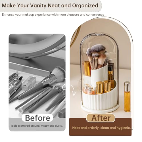 Makeup Brush Holder Organizer with Lid, 360 Rotating Dustproof Transparent Makeup Brushes Organizer for Vanity Dresser Bathroom Countertop(White with Clear Cover)