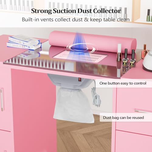 OmySalon Manicure Table with Glass Top & Dust Collector, Pink