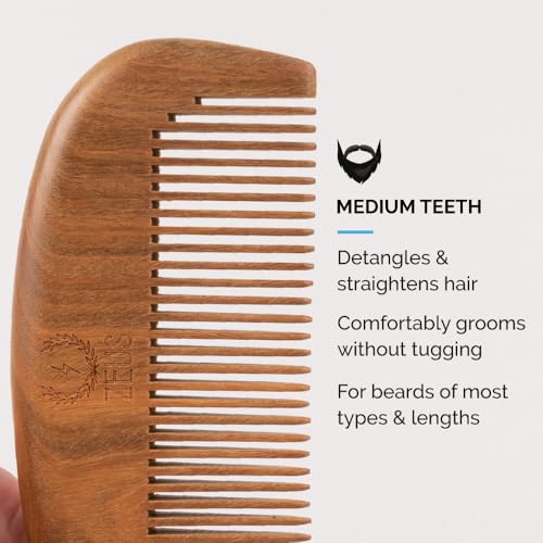 ZEUS Sandalwood Beard Comb for Men, Natural Wooden Comb with Leather Sheath, Travel-Friendly & Anti-Static Grooming Tool (S31)
