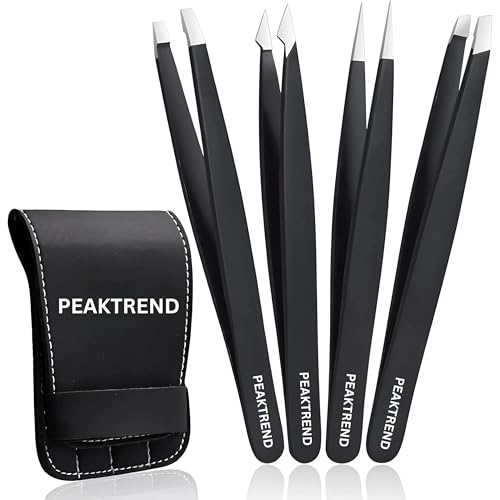 4-Piece Tweezers Set, High Precision Stainless Steel Eyebrow Tweezers for Facial Hair, Inward Growing Hair and Splinter Remover Kit, Suitable for Women and Men with Leather Travel Case