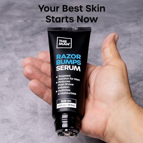 The Man Razor Bumps Serum - Ingrown Hair Treatment for Men - Razor Bump Treatment for Men - Face & Body After Shave & Razor Burn Treatment - Metal Roll On Soothes Skin & Calms Irritation (3.5fl.oz)