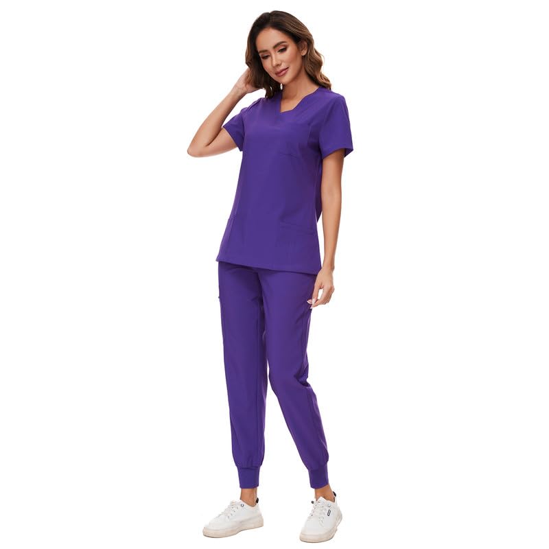 COZYFIT Scrubs for Women Set - Stretch V-Neck Scrub Top & Jogger Pant with 8 Pockets, Yoga Waistband, Anti Wrinkle, Slim Fit Women Scrubs