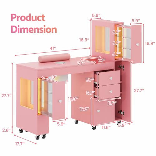 Nail Manicure Table with LED Display & Dust Collector - Pink