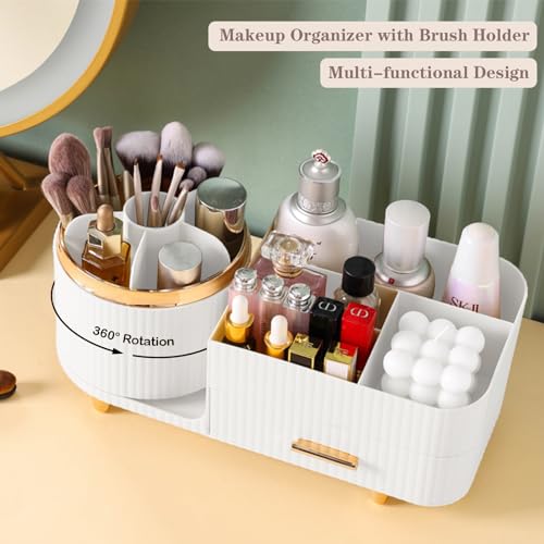 COMFYROOM White Rotating Makeup Organizer with Drawer – Large Vanity Storage