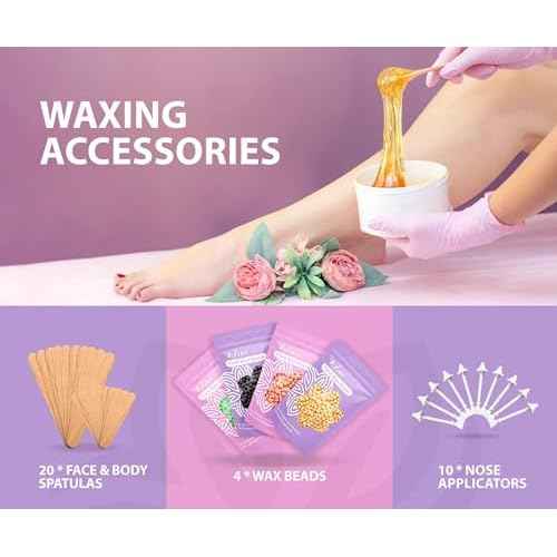AZAM Hard Wax Beads,Hot Wax Beads,Hair Removal for Full Body4X100G Painless Hard Wax Beans with 10 large applicators 10 smaller ones, 10 nose sticks, Professional Wax Beads for Eyebrow, Bikini