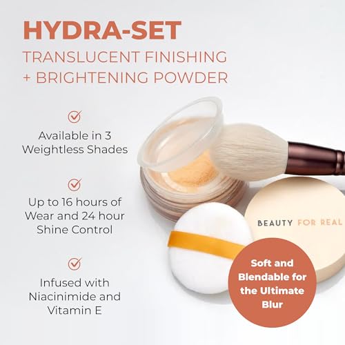 Beauty For Real Hydra-Set Translucent Finishing + Brightening Powder, Brighten - Invisible, Weightless Finish - 16-Hour Wear & 24-Hour Shine Control - With Niacinamide & Vitamin E - Talc Free