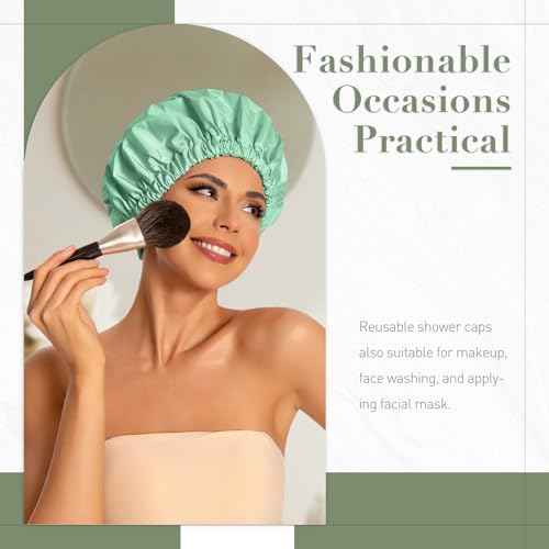 Reusable Shower Cap for Women, Large Waterproof Shower Essentials Bonnet Washable Elastic Band Bath Hair Wrap Hat for Long Hair, Braids(Green Bean)