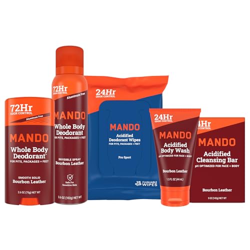 Mando Whole Body Starter Kit - 2.6oz Solid Stick, 3.6oz Spray, 1.5oz Acidified Body Wash, 5oz Acidified Cleansing Bar, 15ct Deodorant Wipes - Aluminum Free Odor Control - 5 pc Bundle (Bourbon Leather)