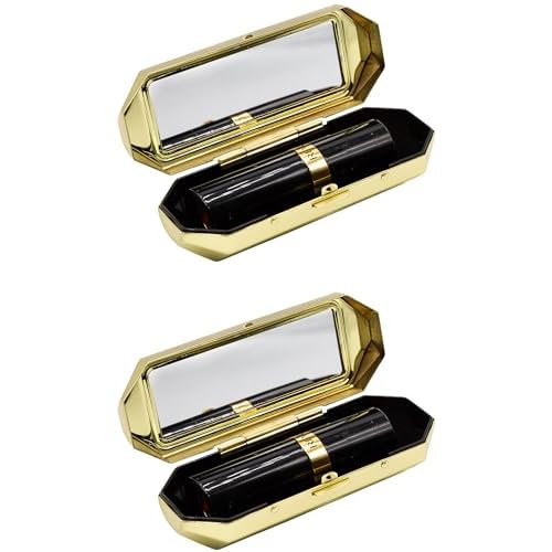 Stephanie Imports Set of 2 Capsule Shaped Lipstick Cases With Glass Mirror (Gold Polygon)