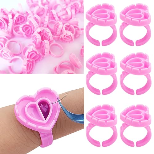 300PCS Disposable Glue Rings for Eyelash Extensions - Smart Holder Cups With Lovely Shape Lash Fan Blossom - Rose Red