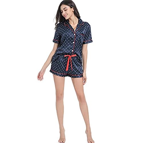 Women's Satin Pajama Set 2-Piece Sleepwear Loungewear Button Down Short Sleeve Silky PJ Set