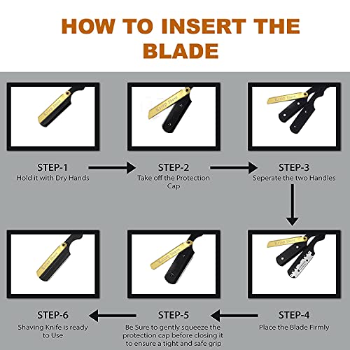 Professional Straight Razors For Men, Barber Razors, Straight Edge Razor Kit For Close Shaving - Beard Cut Throat Straight Razor Safety Shavette - 10 Shaving Blades By Krisp Beauty (Black/Gold)
