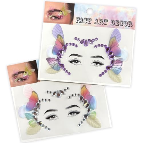Rhinestone Eye Gems with Fabric Butterflies - Self Adhesive Face Jewels