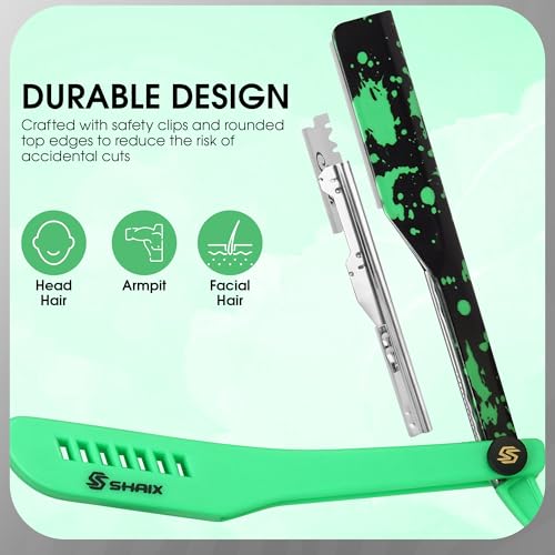 ShaiX Shavette Straight Razor for Men with Pack of 100 Single Blades ? Barber Straight Razor & Straight Edge Razor Kit for Beard Shaving, Line Up & Mustache (Green)