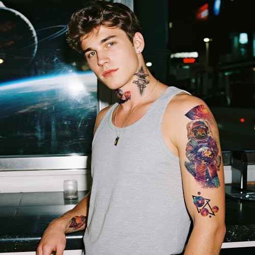 77 Sheets Temporary Tattoos, 17 Sheets Space Planet Astronaut Rockets Half Arm Fake Tattoo for Adults Men Women, 60 Sheets Small Waterproof Lasting Stickers Tattoo for Boys Girls Kids Party