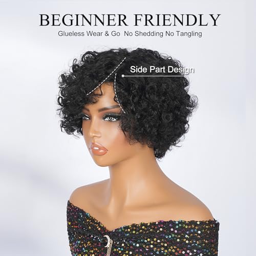 SUPERNOVA Black 04 Pixie Cut Curly Wig 6 Inch Human Hair Side Part, Glueless, Natural Style