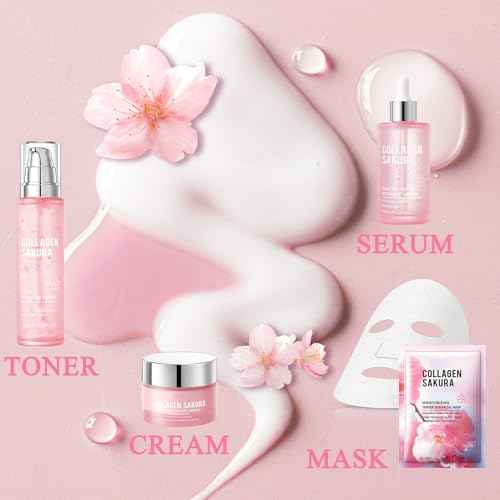 8PCS Skin Care Set, Moisturizing Cherry Blossom Facial Skin Care Kit, Hydrating Skincare Set for Women, Travel Facial Care Kits with Face Masks, Eye Cream, Cleansing Lotion, Serum, Face Cream,Toner