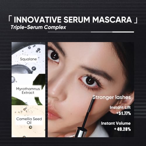 JUDYDOLL Feather Lash Iron Mascara -Serum, Primer, Topcoat 3-in-1, Dual-Wing Brush for Clump-Free Length & Volume, Lash Care with Squalane, Waterproof & Smudge-Proof, Suitable for all Types (Black)