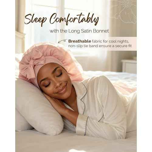 YANIBEST Silk Bonnet for Sleeping Women Satin Lined Braid Bonnet with Breathable Tie Band for Curly Hair Pink