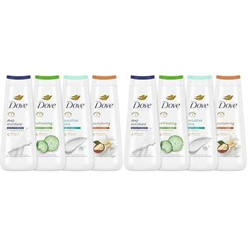 Dove Body Wash Deep Moisture,Sensitive Skin,Cucumber and Green Tea,and Shea Butter & Vanilla Collection Skin Cleanser with 24hr Renewing MicroMoisture 20 oz,(Pack of 8)