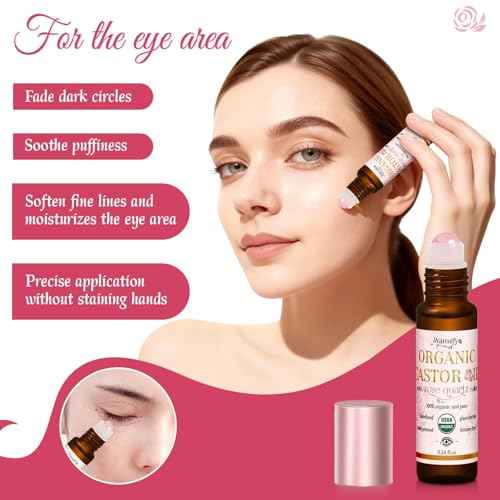 Organic Castor Oil with Real Rose Quartz Roll-On, 2 Pack for Face & Eyes ? Lash & Brow Growth, Under Eye Care, Skin Moisturizing, Cold-Pressed, Hexane-Free, Beauty Self-Care Gifts for Women