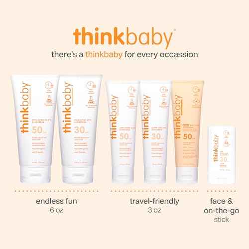 Thinkbaby Baby Sunscreen for Sensitive Skin, 3 Fl Oz, SPF 50 Clear Zinc Oxide Baby Mineral Sunscreen, Broad Spectrum UVA/UVB Protection, Natural, Water Resistant, Reef Safe, Vegan