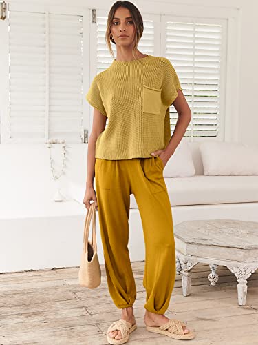 ANRABESS Women's Two Piece Outfits Knit Sweater Pullover Crop Top & Pants Lounge Matching Tracksuit Sweatsuit Sets 2024 Trendy Loungewear Clothes Yellow Small