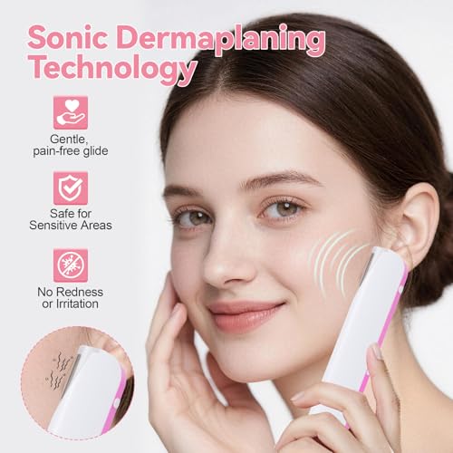 Pink Sonic Dermaplane Razor for Women Face with 10 Blades & Heads
