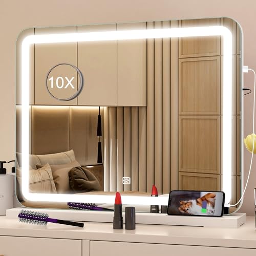 STARLEAD 22.8" x 18.2" Makeup Mirror with Lights and 10X Magnification, 3-Color Dimmable LED Lighting & Touch Control, USB Charging Port for Travel/Dressing Room