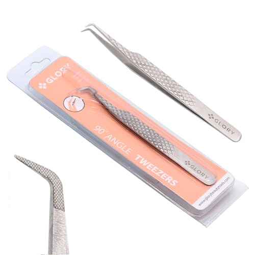 Glory 90 Degree Angle Lash Tweezers for Eyelash Extensions ? Precision Fiber Tip Diamond Grip Stainless Steel Lash Tool for Mega Volume Classic & Professional Lash Tech Supplies