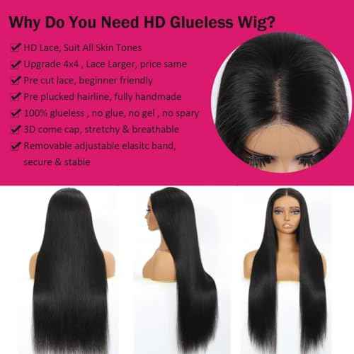 Odir Wear and Go Glueless Wigs Human Hair Pre Plucked Pre Cut 4x4 Lace Closure Wigs 24 Inch Human Hair 180% Density Brazilian Straight Hair HD Lace Front Wigs for Black Women Glueless Wigs