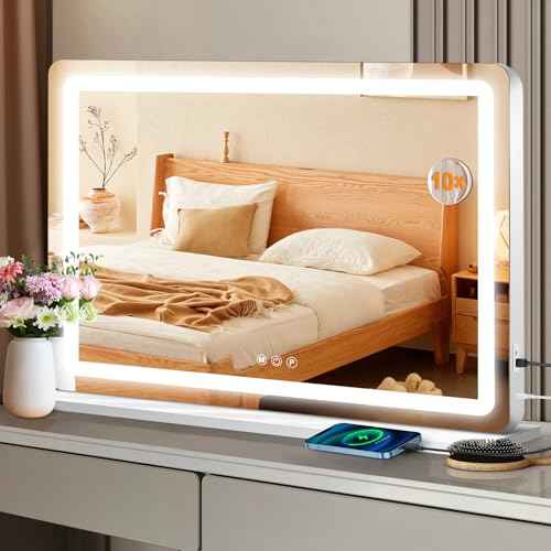 32"x24" Vanity Mirror with Lights, Led Makeup Mirror, Lighted Makeup Mirror with 3 Color Dimmable Lights, Smart Touch Screen Control, Aluminum Metal Frame,USB Charging Port