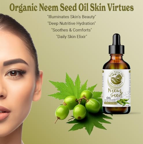 Bella Terra Oils - Organic Neem Seed Oil 2oz - Cold-Pressed Authenticity, Boosted with Antioxidants & Vitamin C, Perfect Elixir for Face & Skin