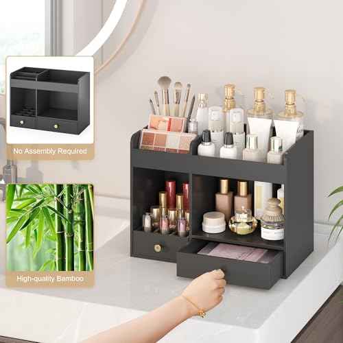 Large Makeup Organizer with Drawers, Bamboo Countertop Cosmetic Storage for Dresser Vanity Organizer Beauty Desk Skincare Holders Container Make Up Organizing for Lipstick