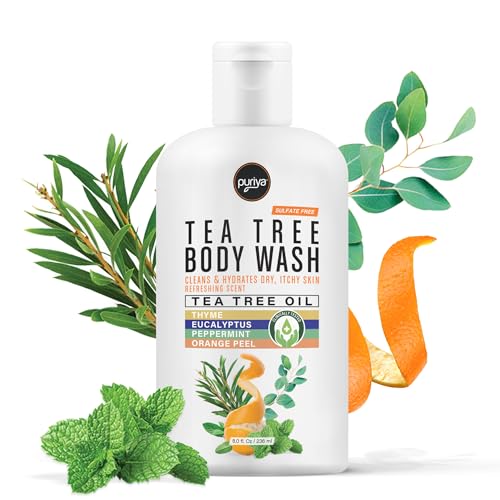 Puriya Tea Tree Body Wash, Use with Jock Itch, Athletes Foot, Body Back Acne Treatment, Moisturizing Natural Body Wash for Men, Women, Dry Skin, Eucalyptus, Mint Oil Shower Gel Soap