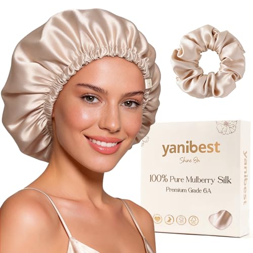 YANIBEST 22 Momme 100% Mulberry Silk Sleep Cap Silk Bonnet for Women - Sleeping Cap Hair Bonnet & Scrunchie Champagne