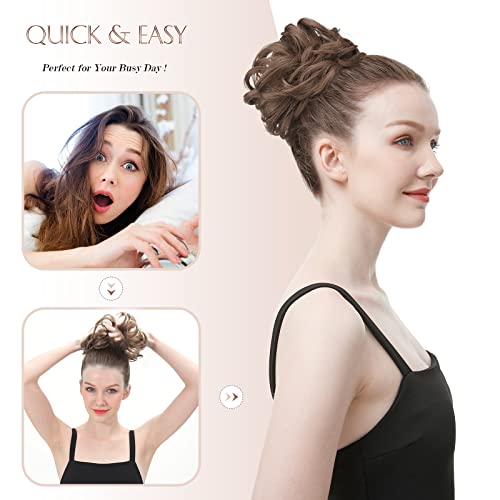 FESHFEN Messy Bun Hair Piece Curly Wavy Large Hair Bun Scrunchies Extensions Light Ash Brown & Bleach Blonde Synthetic Tousled Updo Hairpieces for Women Girls