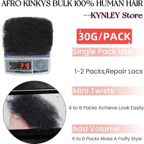 Afro Kinkys Bulk Human Hair, 10-Inch Afro Kinky-Curly Human Hair Bulk for Twists, Dreadlocks Extensions, Repair Locs, Natural Black 3 Pack (1B, 10inch)