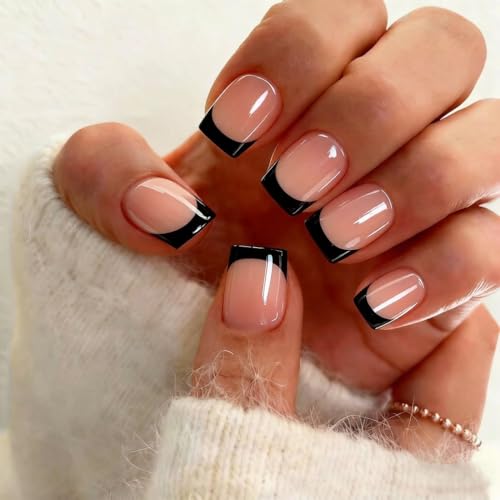 KXAMELIE Black Square French Tip Press On Nails Short with Glue - Natural Fit, Elegant Fake Nails Kit