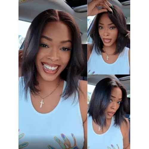 Nadula Yaki Straight Bob Drawstring Wig Human Hair Glueless Pre Cut 7x5 HD Bye Bye Knots Lace Front Wig Pre Plucked Invisible Knots Ready to Wear Short Light Yaki Bob Wigs 150% Density 14inch