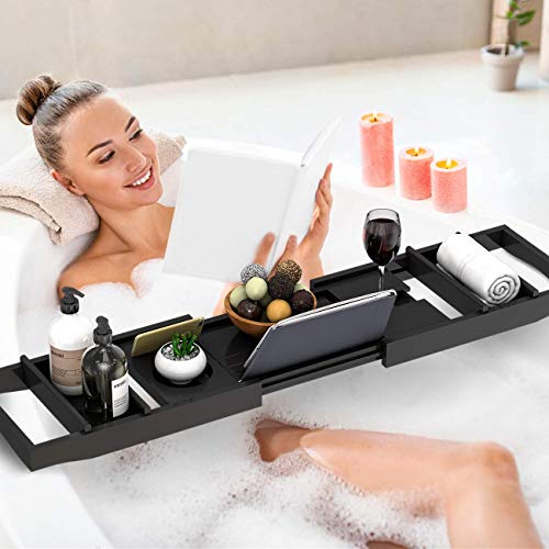 Domax Black Bamboo Bathtub Tray Expandable Bath Caddy for Tub, Waterproof & Adjustable