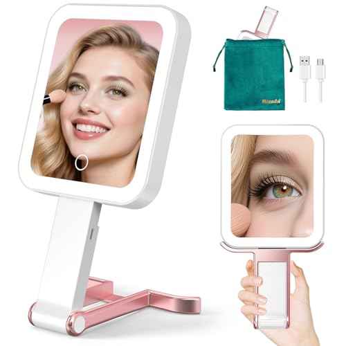 Mocado Travel Makeup Mirror with Lights,10X/1X Magnifying Mirror with Light, Double Sided Travel Mirror with 3 Color Light,Dimmable Touch,Lighted Makeup Mirror for Tabletop,Handheld,Hanging(Rose Gold)