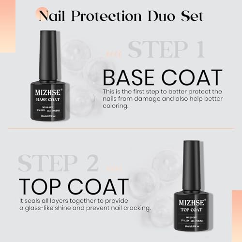 MIZHSE 2 Pcs Gel Base and No Wipe Top Coat Set for Long-Lasting Shine